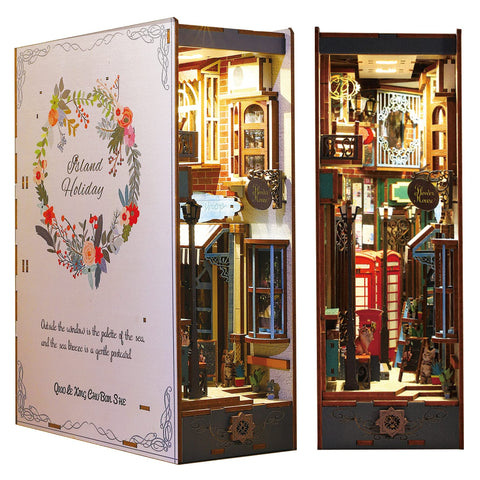 Spilay DIY Dollhouse Miniature Book Nook Assemble Kit,3D Wooden Puzzle Bookshelf Insert Decor with Sensor Light,Bookends Model Build-Creativity Kit for Kids Adults Birthday Gift (Island Holiday)