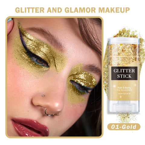 Gold Body Face Glitter Stick Body Hair Glitter Makeup for Women,Long-Lasting Holographic Mermaid Glitter Gel for Singer Concert Rave Body Glitter Makeup