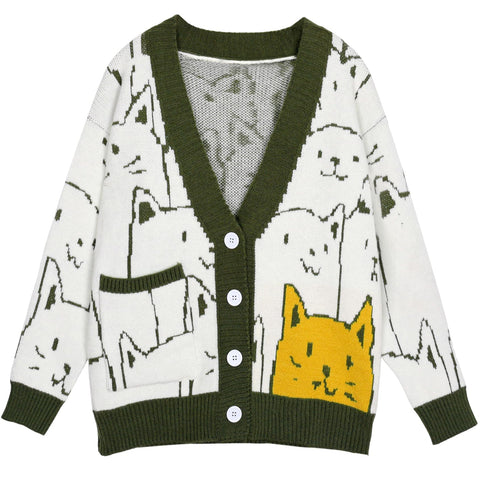 Arssm Cat Sweater for Women Oversized Button Down V Neck Cable Knit Sweater Cute Kawaii Cartoon Cardigan Coat, Armygreen, Medium