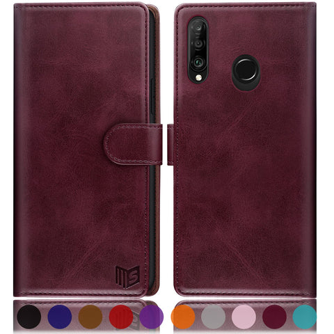 SUANPOT for Huawei P30 Lite case with [Credit Card Holder][RFID Blocking],PU Leather Flip Book Protective Cover Women Men for Huawei P30 Lite Phone case Wine Red