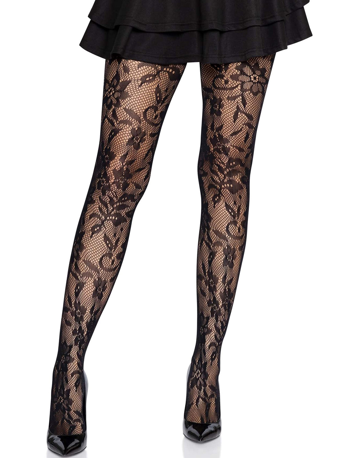 Leg Avenue Women's Seamless Chantilly Floral Lace Tights Costume Hosiery, Black, One Size
