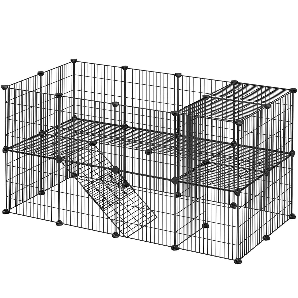SONGMICS Pet Enclosure, LPI02H, 2 Levels, Modular Enclosure for Small Animals, Hamsters, Rabbits, Guinea Pigs, Mesh Panels, Indoor Use, 143 x 73 x 71 cm, Black