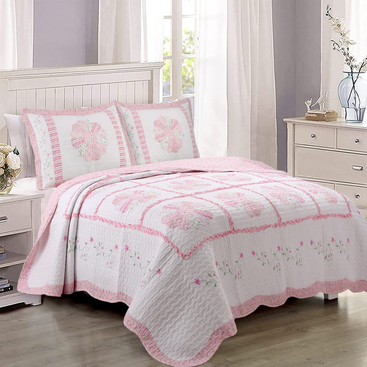 Cozy Line Home Fashions Love of Pink Daisy Field Flora Real Patchwork 100% Cotton Reversible Quilt Bedding Set, Coverlet, Bedspread (Daisy Field, Queen - 3 Piece)
