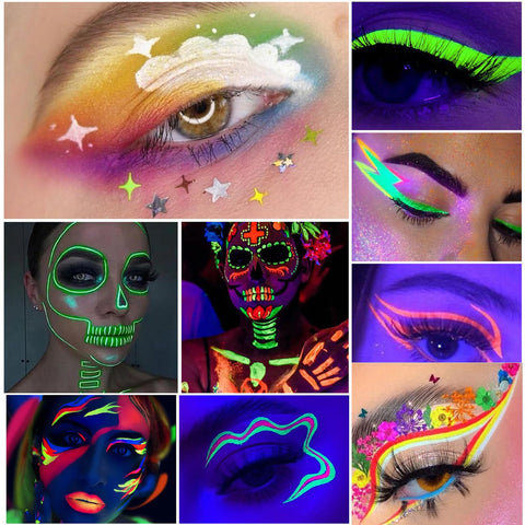 Jutqut 2Pcs Neon Liquid Eyeliner Kit, UV Glow Eye Liner Pen, Colored Luminous Neon Eyeliner, Waterproof Smudge Proof Colorful Eyeliner for Body Face Paint Halloween Neon Makeup #Yellow Berry Purple