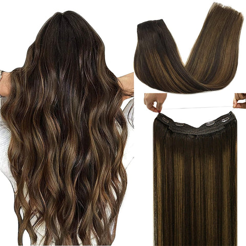 DOORES Human Hair Extensions Balayage Dark Brown to Chestnut Brown 14 Inch 75g Wire Hair Extensions Natural Hair Extensions with Transparent Fish Line Invisible Hairpiece