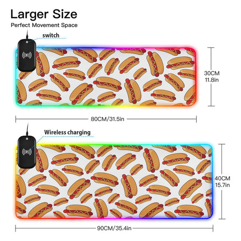 Hot Dogs Wireless Charging Mouse Pad for Mobile Phone Extra Large Gaming Mousepad with 13 Lighting Modes Computer Mat for Gaming MacBook PC Laptop Desk Home Office