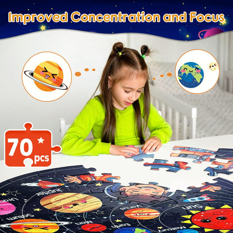 Hibility Space Large 70 Piece Round Floor Puzzles for Kids Ages 4-8, 3-5, 6-8, Large Jigsaw Puzzles Toys with Solar System Planets, Education Learning Kids Puzzles Gift, Popular Easter Gift for Kids