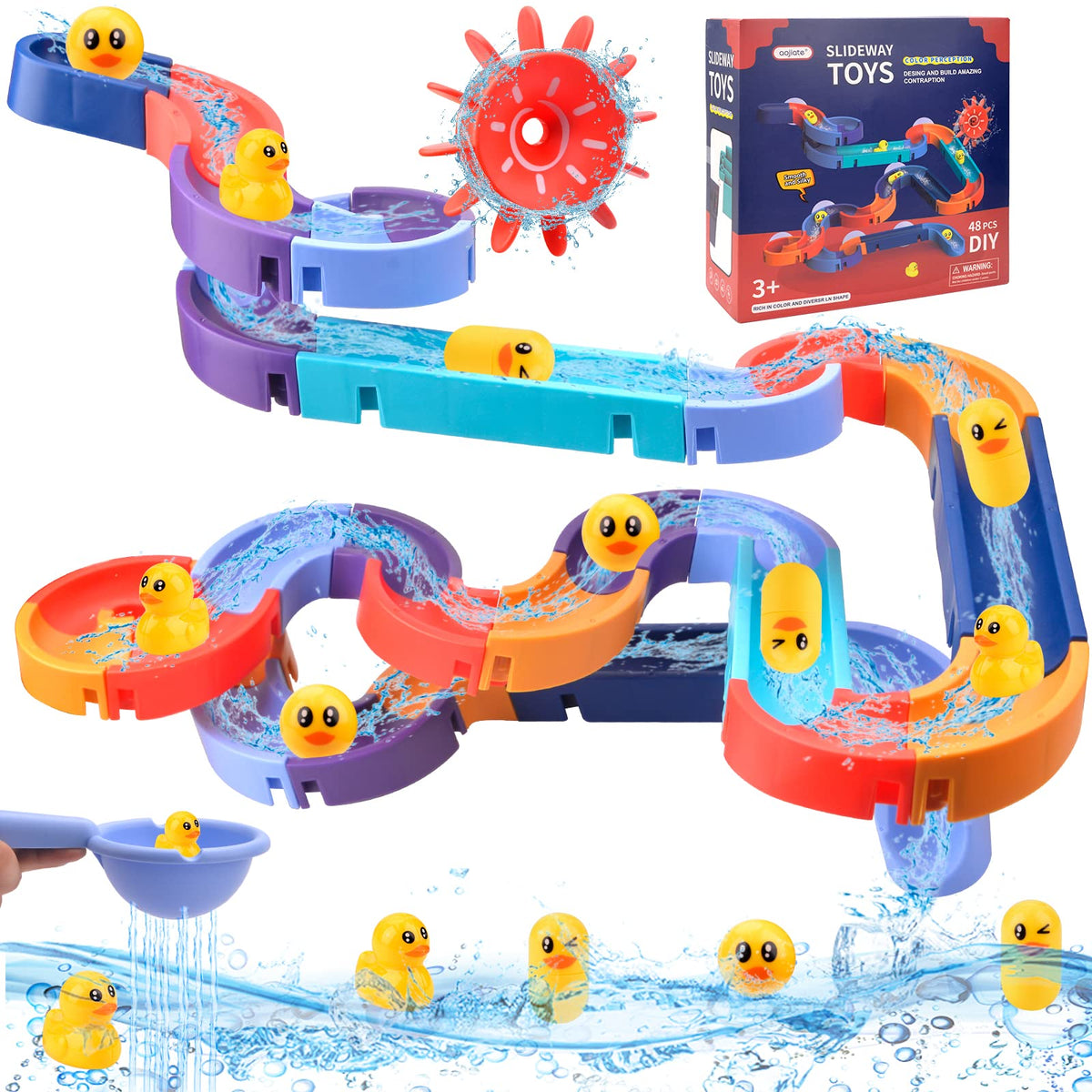 Bath Toys 48Pcs Bath Track Game Shower Toys Duck Slide Bath Toy with Suction Cups Water Toys Bath Time DIY Educational Bath Slide Toy for 1 2 3+ Year Olds Boys Girls Toddlers Kids