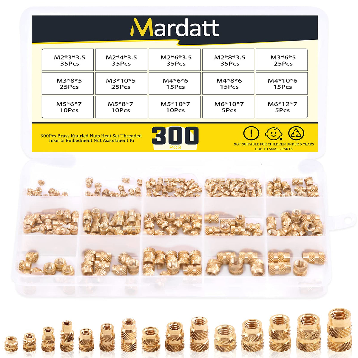 Mardatt 300Pcs 15 Different Sizes Brass Threaded Inserts for Plastic Brass Inserts 3D Printing Knurled Nut Brass Embedment Nut Heat Set Insert Assortment Kit for 3D Printing Plastic