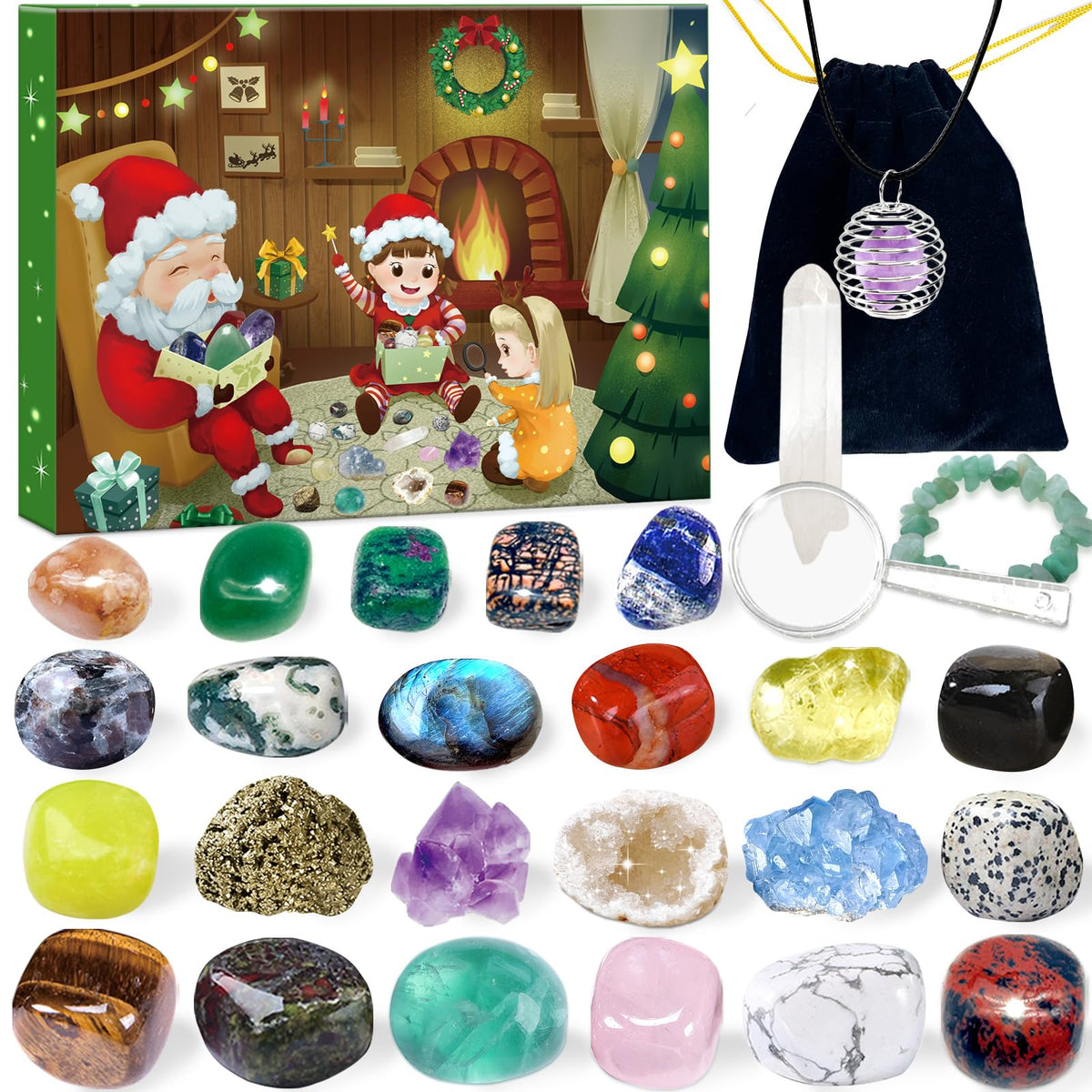 Advent Calendar 2024 Crystals for Kids with 24 Days Christmas Countdown, 24 Natural Crystal Agate Rocks Minerals Fossils Gemstones to Open Each Day, Xmas Gift for Girls Boys Geology Enthusiasts