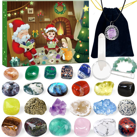Advent Calendar 2024 Crystals for Kids with 24 Days Christmas Countdown, 24 Natural Crystal Agate Rocks Minerals Fossils Gemstones to Open Each Day, Xmas Gift for Girls Boys Geology Enthusiasts