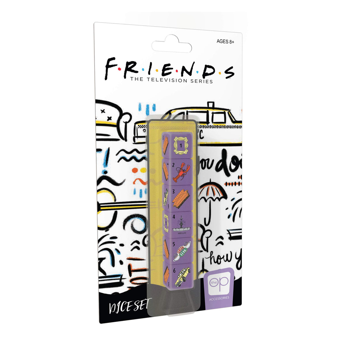USAOPOLY Friends Dice Set | Collectible d6 Dice Featuring Characters & References - Picture Frame, Lobster, Couch, Fountain, Central Perk Sign, Phoebe's Taxi | Officially Licensed 6-Sided Dice