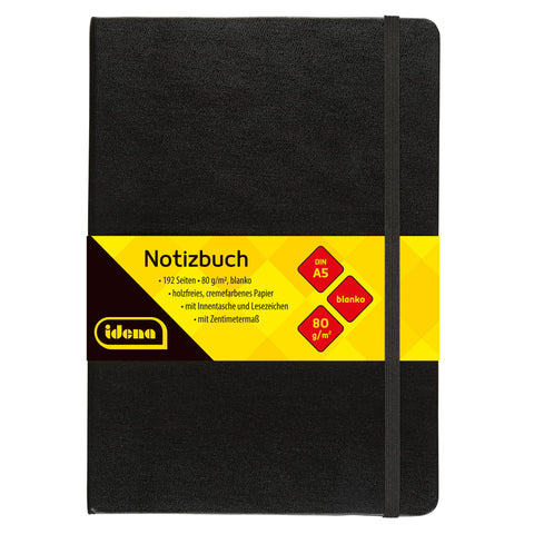 Idena 10054 Notebook DIN A5, Blank, Cream Paper, 192 Pages, 80 g/mÂ², Hard Cover in Black, Pack of 1