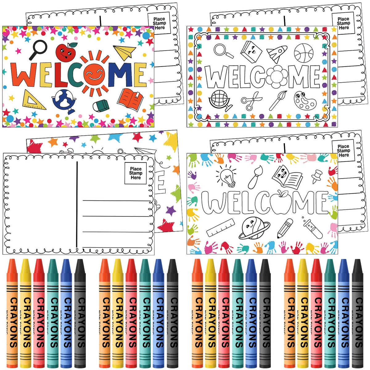 Pasimy 24 Pcs Welcome Back to School Coloring Postcards and 24 Crayons Welcome Postcard First Day of School Coloring Gifts for Kindergarten Primary School Teacher Classroom Supplies(Back to School)