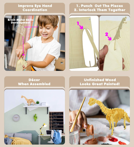 Puzzled 3D Puzzle Brachiosaurus Dinosaur Wood Craft Construction Model Kit Educational DIY Wooden Dino Toy Assemble Model Unfinished Crafting Hobby Puzzle 52pc Pack