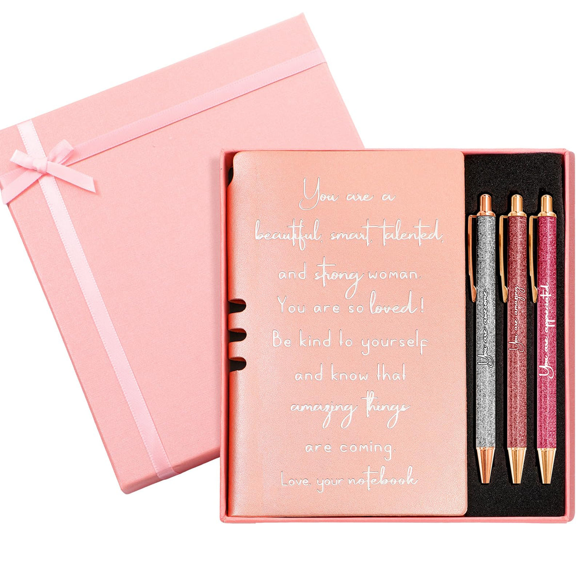 Resurhang 5 Pcs Employee Appreciation Gifts Inspirational A6 Leather Journal Notebook Glitter Ballpoint Pen with Gift Box Christmas Gifts for Women Teacher Housekeeping Week Gifts(Rose Gold)