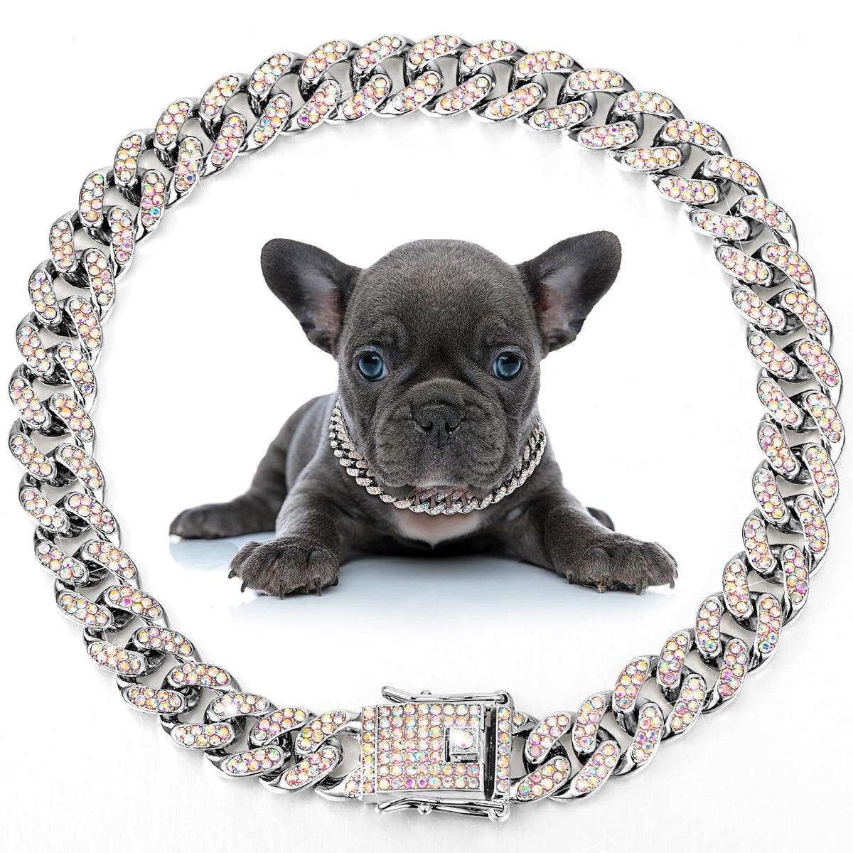 LEIFIDE Dog Chain Collar Diamond Link Dog Collar 12 mm Wide Dog Necklace Metal Cat Chain Pet Crystal Collar Jewelry Accessories for Small Medium Large Dogs Cats (Silver, AB Color,12 Inch)