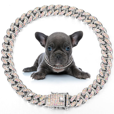 LEIFIDE Dog Chain Collar Diamond Link Dog Collar 12 mm Wide Dog Necklace Metal Cat Chain Pet Crystal Collar Jewelry Accessories for Small Medium Large Dogs Cats (Silver, AB Color,12 Inch)