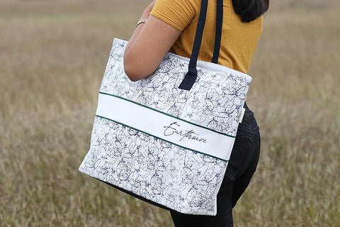 earthsave All Purpose Tote Bags | Printed Organic Multipurpose Cotton Bags | Cute Hand Bag for Girls | Best for College, Travel | Reusable Shopping Bag | Eco-Friendly Tote Bags (White & Blue)