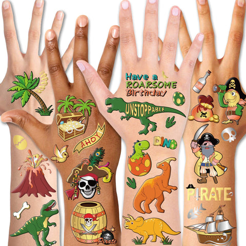 Konsait Dinosaur Pirate Temporary Tattoo for Kids, Dinosaur Pirate Birthday Party Favors Supplies, Face Arm Hands Back T-rex Decorations for Boys Stockings Stuffers Goody Filler Rewards,132 Design