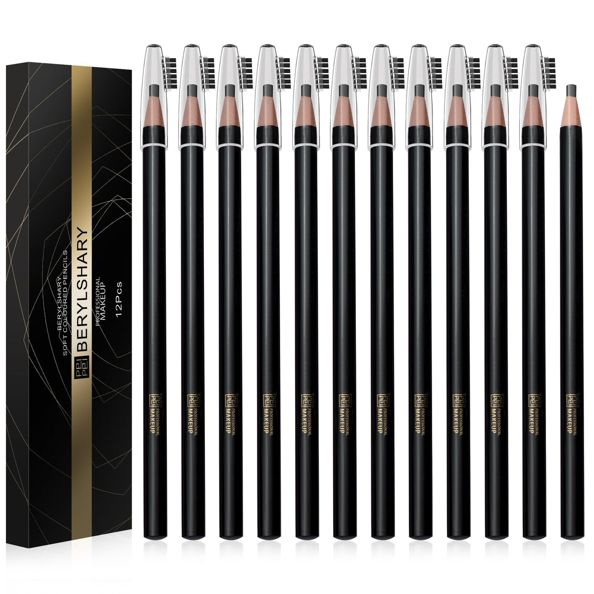 BERYLSHARY waterproof pull eyebrow pencil, 12 pieces, dark brown, light brown, black, sweat resistant, long-lasting and non discoloring, essential for beginners (12 PCS BLACK)