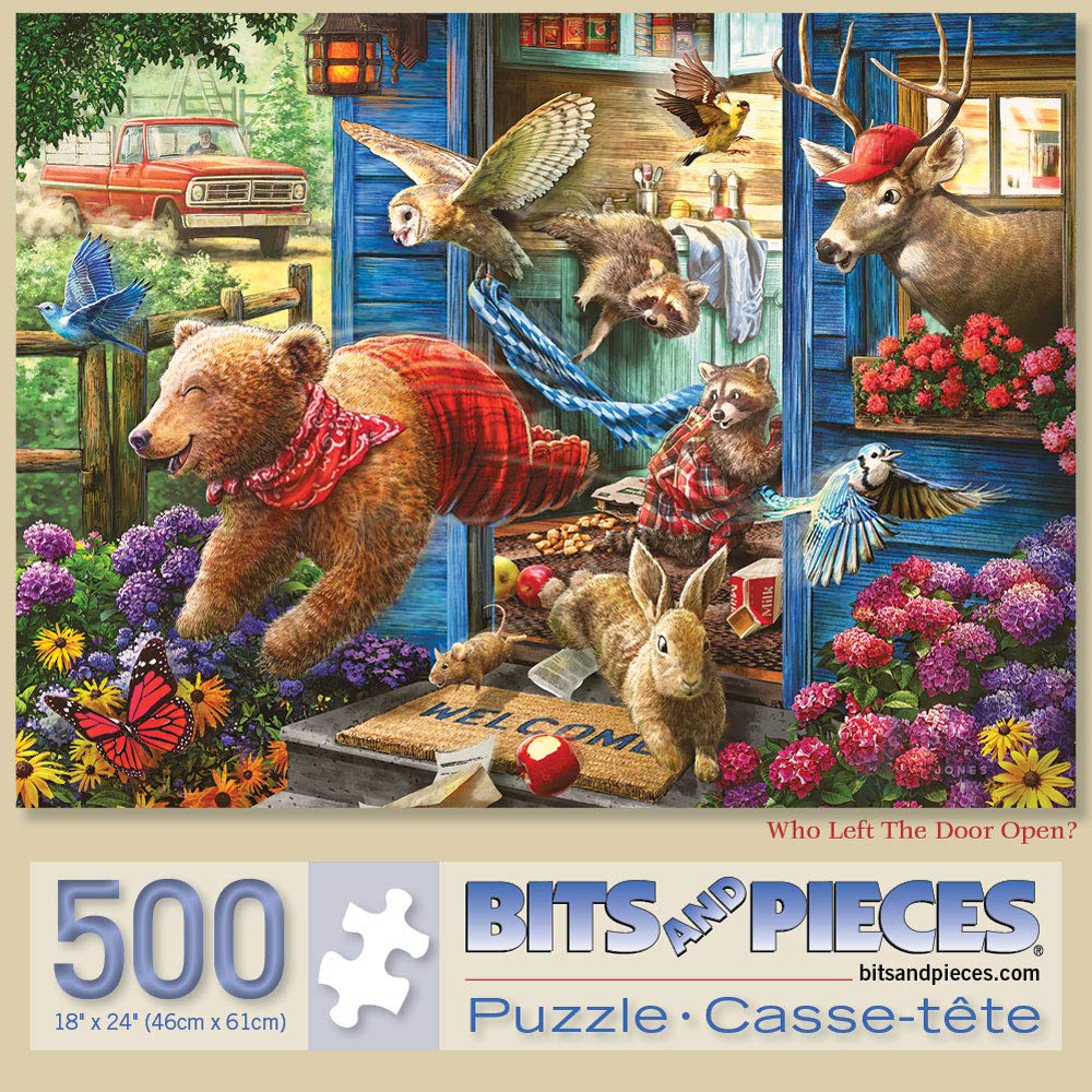 Bits and Pieces - 500 Piece Jigsaw Puzzle for Adults 18" x 24" - Who Left The Door Open? - 500 pc Barnyard Animals, Flowers, Pickup Truck Jigsaw by Artist Larry Jones