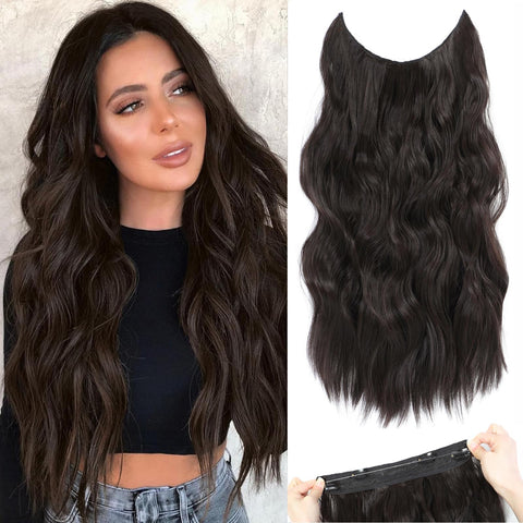 Halo hair extensions with Adjustable Transparent Headband Size 4 Secure Clips Long Wavy Invisible Wire Secret Hairpieces for Women Daily Party Use (Dark Brown, 20 Inch)