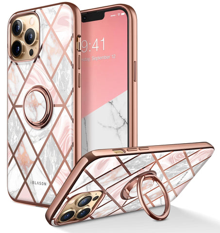 i-Blason Cosmo Snap Case for iPhone 13 Pro Max (6.7 Inch) Slim Mobile Phone Case Shockproof Case Thin Protective Case with Integrated Ring Holder Supports Car Mount (Marble)