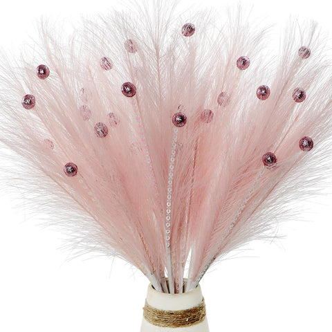 Pack of 4 Christmas Feather Sequins Berries Picks, 40cm Christmas Tree Large Feathers Glittering Sequins Berries Decorations for Xmas Decor Crafting Home Decorative Vase filling (Pink)