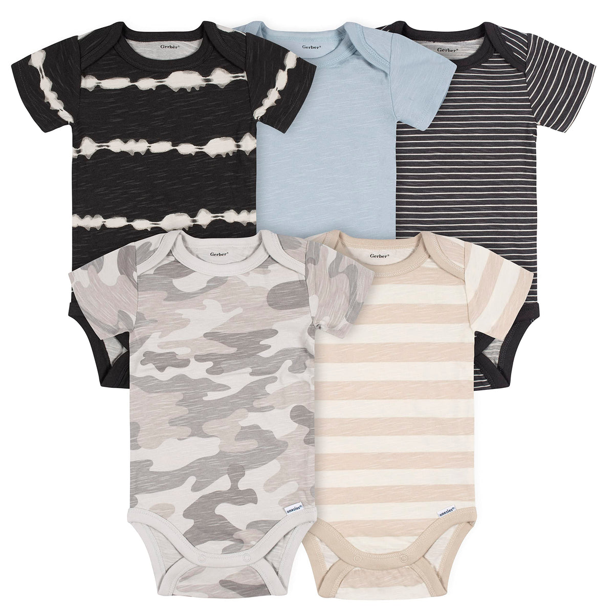 Gerber Baby Boys' 5-Pack Short Sleeve Variety Onesies Bodysuits, Multi-Color Print, Newborn