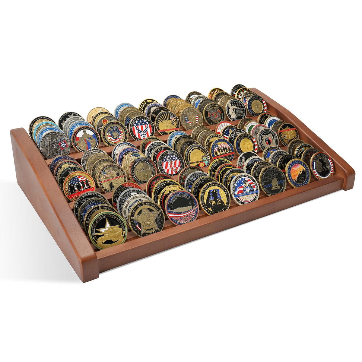 DecoWoodo Challenge Coin Display Holder, 12 Rows Wooden Military Coin Stand Holds 80-100 Coins, Army Coin Display Rack for Desk (Walnut Finish)
