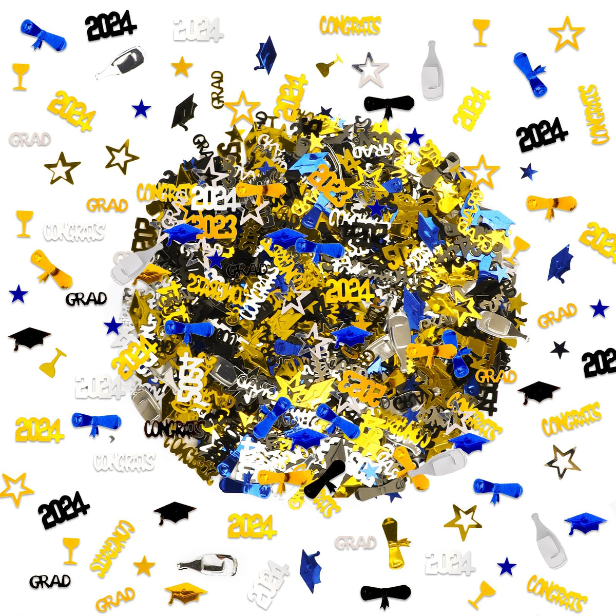 Konsait 2024 Graduation Confetti, Graduation Party Supplies, 2 Oz/ 1500Pcs, Graduation Table Decorations Gold Black Silver and Blue Congrats Stars 2024 Goblet Diploma Confetti Graduation Decorations