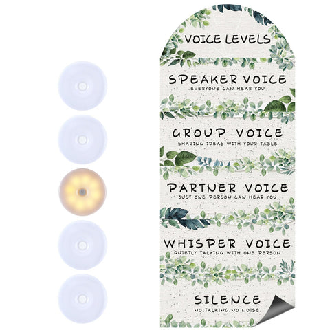 6 Pcs Eucalyptus Voice Level Chart Poster Classroom and Push Lights Include Magnetic Voice Level Chart Noise Level Poster Policies and 5 Indicator Lights for Back to School Elementary Teacher Supplies