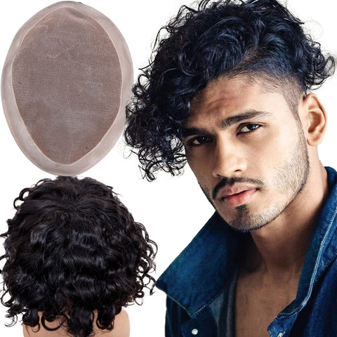 Lishy Curly Toupee for Men 8â€x6â€ European Virgin Human Hair Replacement Systems Menâ€™s Hairpiece Mono Lace Top with Durable PU Around Medium Light Density 1B Black Color
