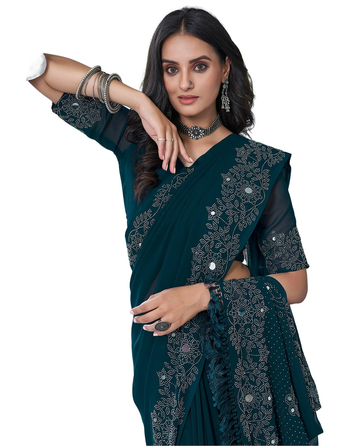 SIRIL Women's Georgette Hot Fixing Stone Work and Mirror Work Saree With Unstitched Blouse Piece, Teal, One size