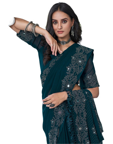 SIRIL Women's Georgette Hot Fixing Stone Work and Mirror Work Saree With Unstitched Blouse Piece, Teal, One size