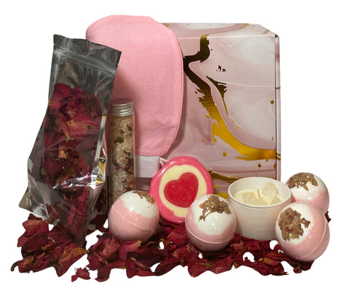 Ultimate Relaxation Rose Bath Bundle Set - 4-Piece Rose Bath Bombs, Bubble Bath Salt Ball, Coconut Soy Candle, Exfoliating Glove, Bath Salts, and Dried Rose Petals
