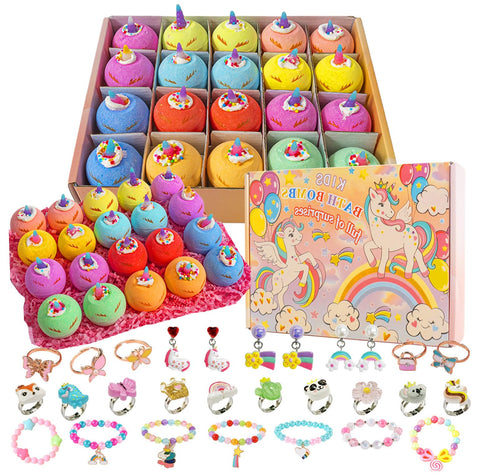Kids Bath Bombs, 20 Organic Kids Bath Bombs with Jewelry Rings Inside, Non-Pierced Earrings and Ear Clips,Girls Birthday, Christmas Easter Basket Fillers Valentine's Day Gift Set