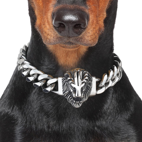 Dog Chain Collar with Design Lion Pendant and Quick Release Secure Snap Buckle Stainless Steel 15MM Link Chain Collar Heavy Duty Metal Dog Collar(10")