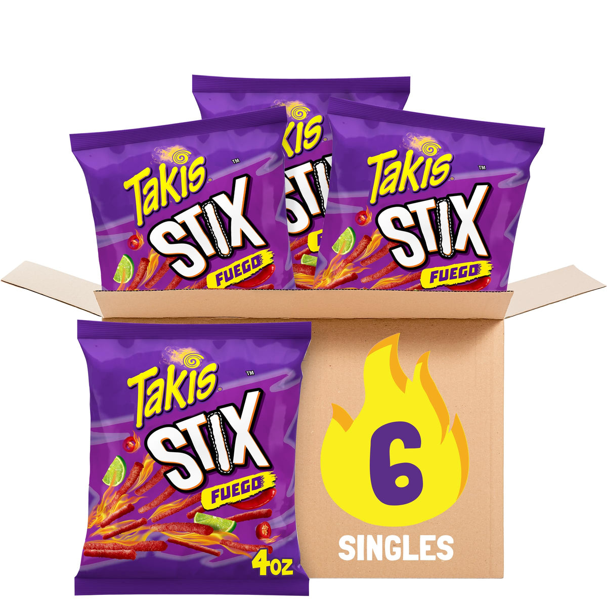 Takis Fuego Stix 6 pc / 4 oz Snack Size Case, Hot Chili Pepper & Lime Flavored Extreme Spicy Corn Snack Sticks