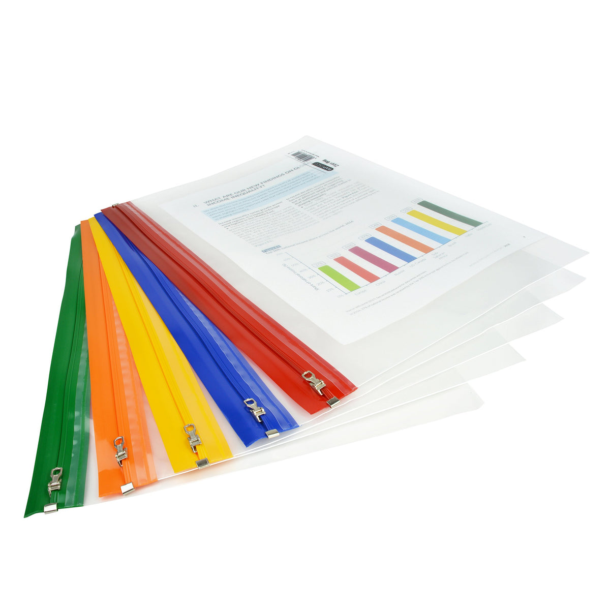 Rapesco 1503 Zippi File with Metal Zip, A4+, Transparent with Assorted Coloured Strips, Pack of 5