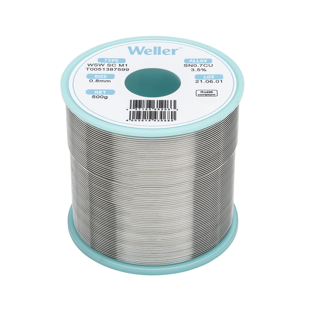 Weller WSW SC M1 (T0051387599) Lead Free Solder Wire, Ã˜ 0.8mm, Alloy Sn99.3Cu0.7, Flux Content 3.5%, 500g, Silver