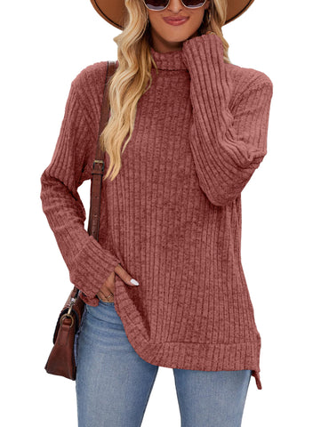 Famulily Ladies Long Sleeve Loose Casual Jumpers, Oversized Side Splits Turtleneck Tunic Sweaters for Leggings (M, Red)