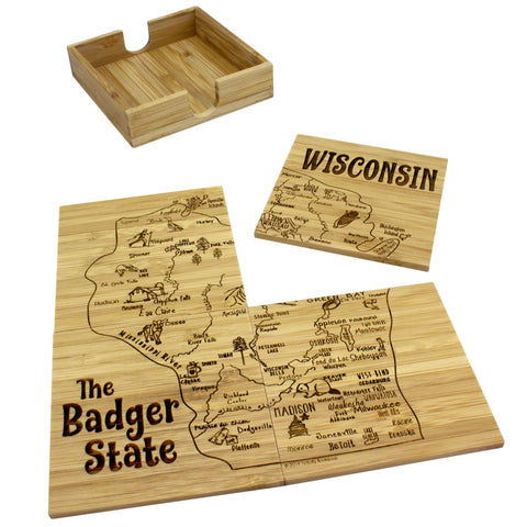 Totally Bamboo 4 Piece Wisconsin State Puzzle Coaster Set with Case