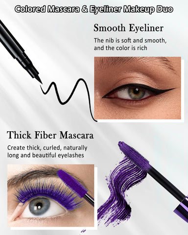 Blue Waterproof Mascara & Eyeliner, 5D Silk Fiber Lash Extensions Colored Tubing Mascara Volume and Length, Long-Lasting Smudge-Proof Voluminous Colorful Mascara and Liquid Eyeliner Pen Set for Women