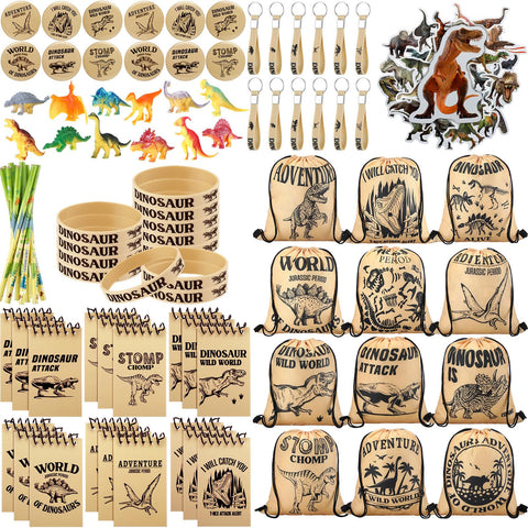91 Pcs Dinosaur Party Favors, Includes Dinosaur Drawstring Goodie Bags Dino Toys Silicone Wristbands Badges Notebooks Keychains Dinosaur Pencils Stickers for Dinosaur Prize Gift Stuffer