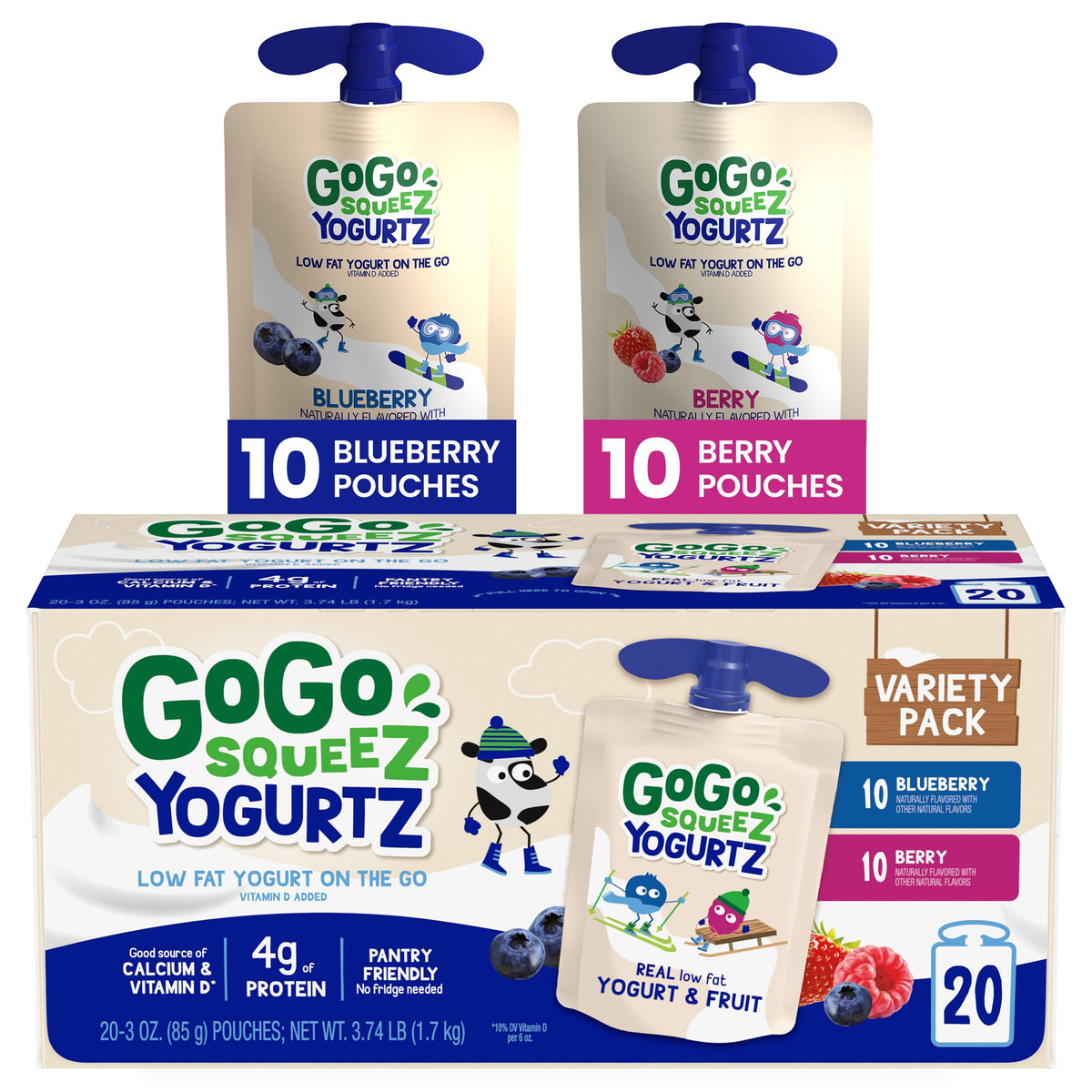 GoGo squeeZ yogurtZ Variety Pack, Blueberry & Berry, 3 oz (Pack of 20), Kids Snacks Made from Real Yogurt and Fruit, No Fridge Needed, Gluten Free, Nut Free, Recloseable Cap, BPA Free Pouches