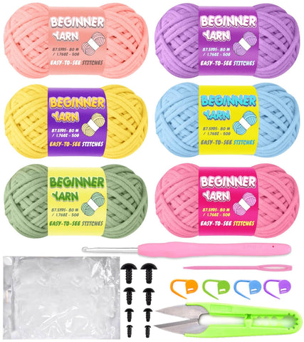 6 Pack Beginners Crochet Yarn with Stuffing, Pink Purple Sage Green Yellow Yarn for Crocheting Knitting Beginners, Easy-to-See Stitches, Chunky Thick Bulky Cotton Soft Yarn for Crocheting (6x50g)