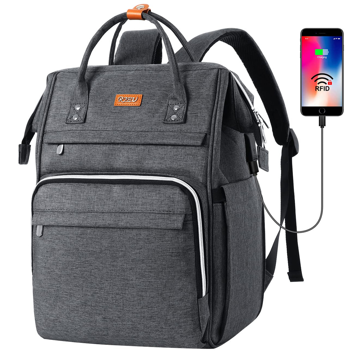 RJEU Backpack Womens for Work, Waterproof School Bag for Girls, Anti-theft Bookbag Laptop Backpack Computer Bag Teenager with USB Charging Port for Travel Business College