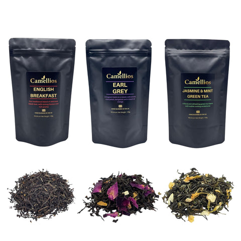 Premium Tea Selection, 3 Loose Leaf Teas, Camellios (3 Flavours, 100g Each)